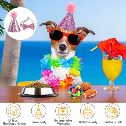 Pet Birthday Sequin Party Hat and Bow Tie Set Blue or Pink for Dog Cat Photo