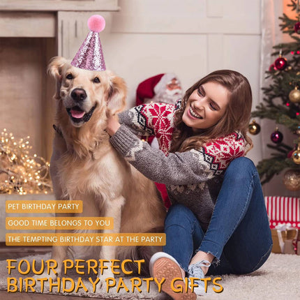 Pet Birthday Sequin Party Hat and Bow Tie Set Blue or Pink for Dog Cat Photo