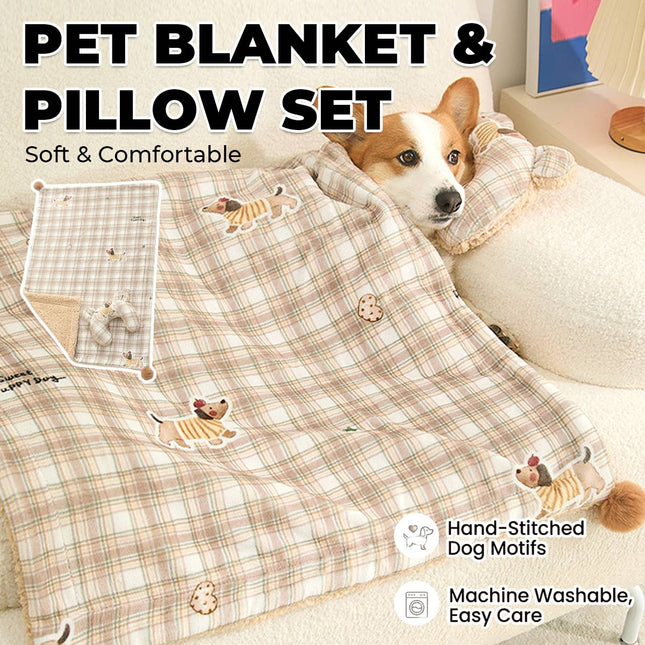 Reversible Pet Blanket and Bear Pillow Set - Warm Plaid Fleece for Dogs Cats