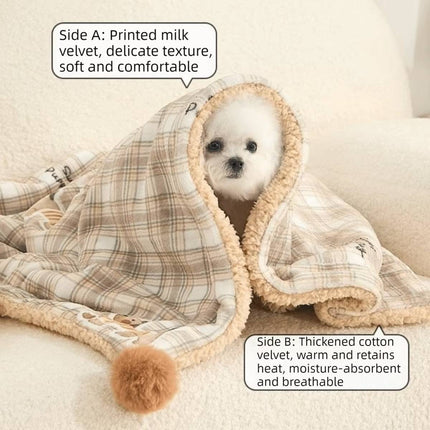 Reversible Pet Blanket and Bear Pillow Set - Warm Plaid Fleece for Dogs Cats