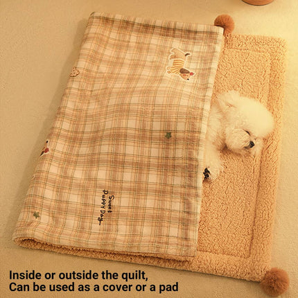 Reversible Pet Blanket and Bear Pillow Set - Warm Plaid Fleece for Dogs Cats