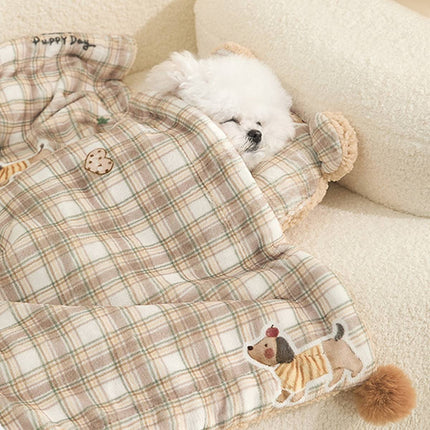 Reversible Pet Blanket and Bear Pillow Set - Warm Plaid Fleece for Dogs Cats