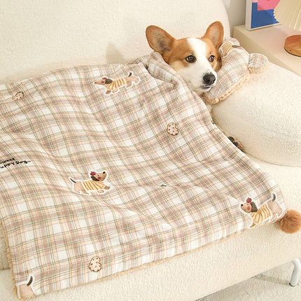 Reversible Pet Blanket and Bear Pillow Set - Warm Plaid Fleece for Dogs Cats