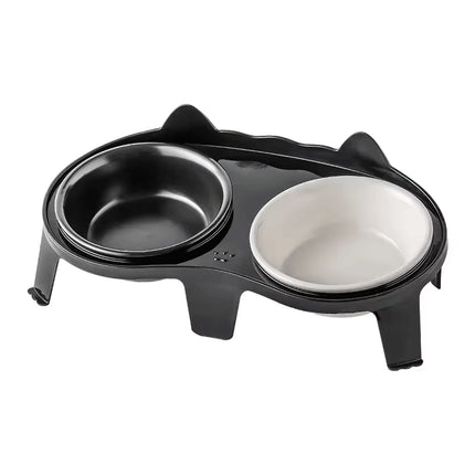 Cat Feeding Bowl Set Slanted Double Bowl Ceramic Raised Pet Feeder Non Slip Base