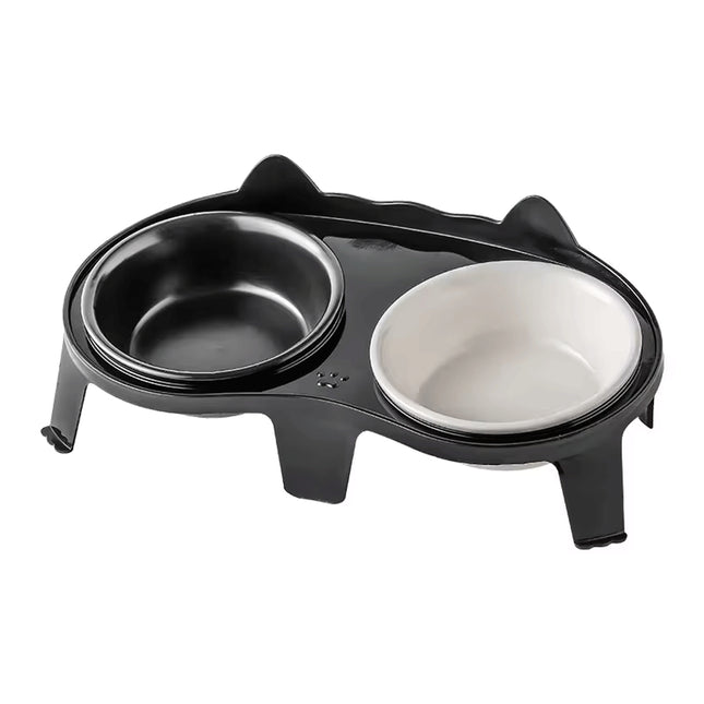 Cat Feeding Bowl Set Slanted Double Bowl Ceramic Raised Pet Feeder Non Slip Base
