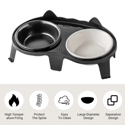 Cat Feeding Bowl Set Slanted Double Bowl Ceramic Raised Pet Feeder Non Slip Base