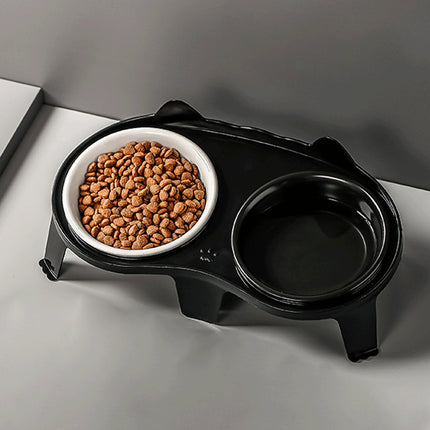 Cat Feeding Bowl Set Slanted Double Bowl Ceramic Raised Pet Feeder Non Slip Base