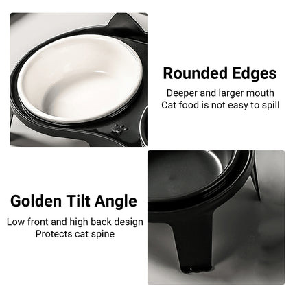 Cat Feeding Bowl Set Slanted Double Bowl Ceramic Raised Pet Feeder Non Slip Base