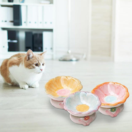Cute Ceramic Cat Bowl Tilted Tall Pet Food Water Dish Dog Bowl for Cats and Pets