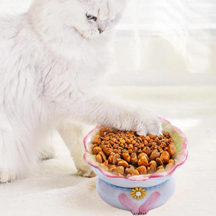 Cute Ceramic Cat Bowl Tilted Tall Pet Food Water Dish Dog Bowl for Cats and Pets
