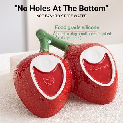 Strawberry Ceramic Tilted Pet Bowl Set Cat Dog Double Elevated Non Slip Feeding