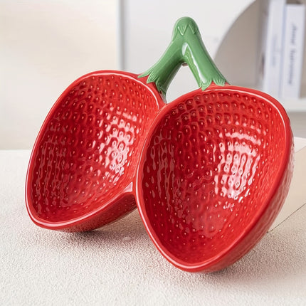 Strawberry Ceramic Tilted Pet Bowl Set Cat Dog Double Elevated Non Slip Feeding