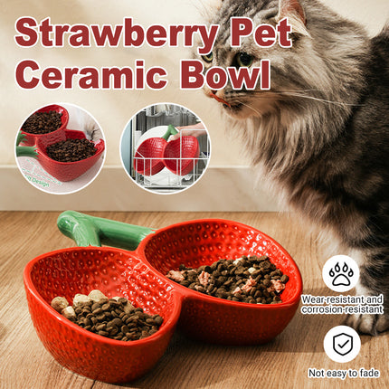 Strawberry Ceramic Tilted Pet Bowl Set Cat Dog Double Elevated Non Slip Feeding
