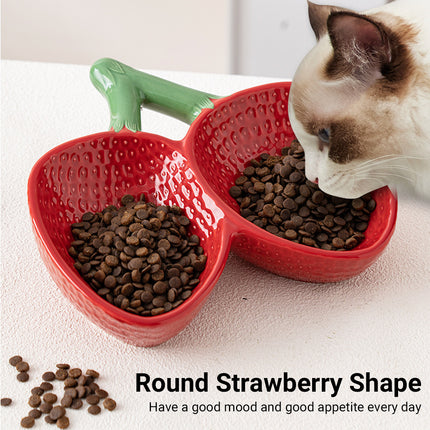 Strawberry Ceramic Tilted Pet Bowl Set Cat Dog Double Elevated Non Slip Feeding