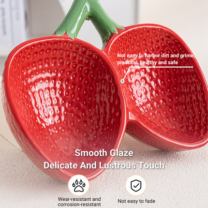 Strawberry Ceramic Tilted Pet Bowl Set Cat Dog Double Elevated Non Slip Feeding