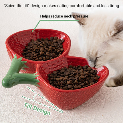 Strawberry Ceramic Tilted Pet Bowl Set Cat Dog Double Elevated Non Slip Feeding