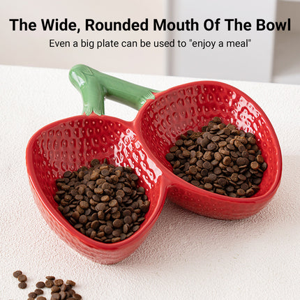 Strawberry Ceramic Tilted Pet Bowl Set Cat Dog Double Elevated Non Slip Feeding