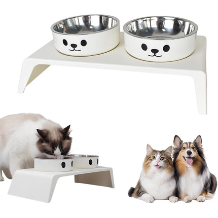 Elevated Dual Stainless Steel Pet Bowls White Stand
