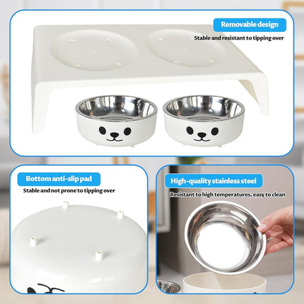Elevated Dual Stainless Steel Pet Bowls White Stand