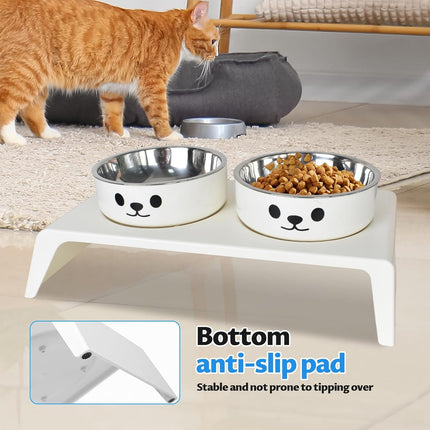 Elevated Dual Stainless Steel Pet Bowls White Stand