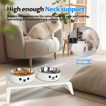 Elevated Dual Stainless Steel Pet Bowls White Stand