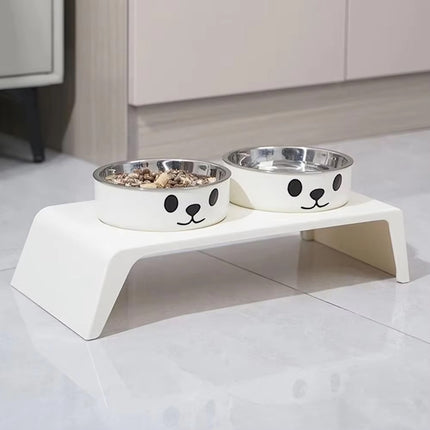 Elevated Dual Stainless Steel Pet Bowls White Stand