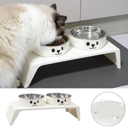 Elevated Dual Stainless Steel Pet Bowls White Stand