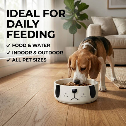 Ceramic Dog Face Pet Feeding Bowl Cream 16cm