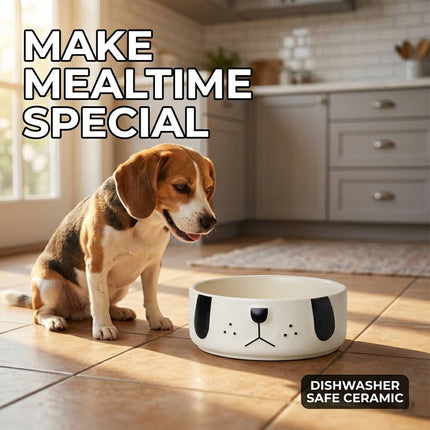 Ceramic Dog Face Pet Feeding Bowl Cream 16cm