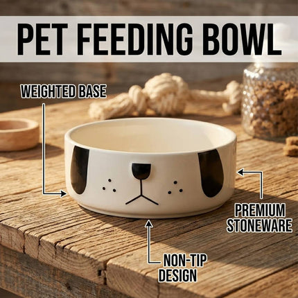 Ceramic Dog Face Pet Feeding Bowl Cream 16cm