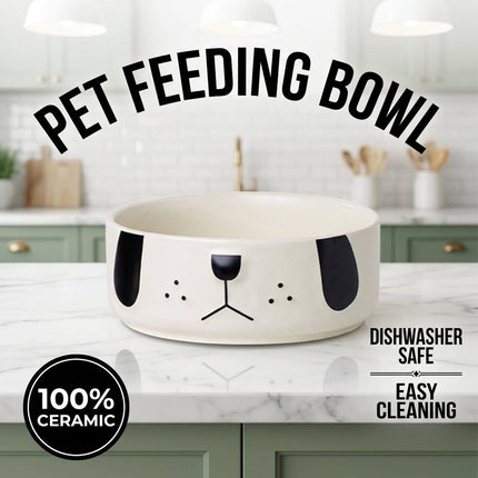 Ceramic Dog Face Pet Feeding Bowl Cream 16cm