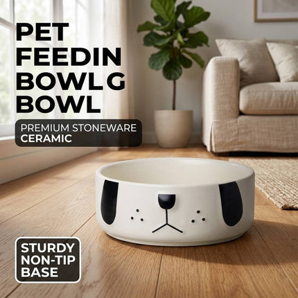 Ceramic Dog Face Pet Feeding Bowl Cream 16cm