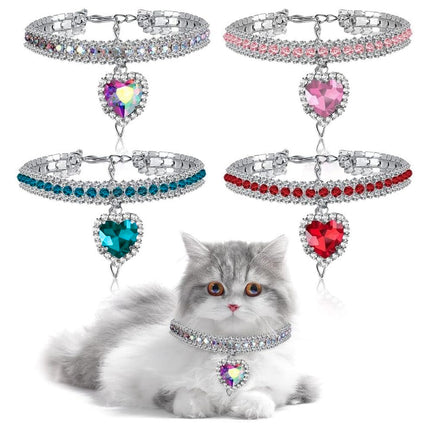 Pet Rhinestone Collar 4PCS Heart Pendant Cat Dog Adjustable 16.5-26cm