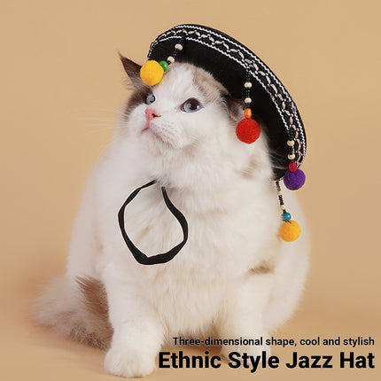 Ethnic Style Pet Hat for Cat or Dog With Fur Ball For Outdoor Party Costume