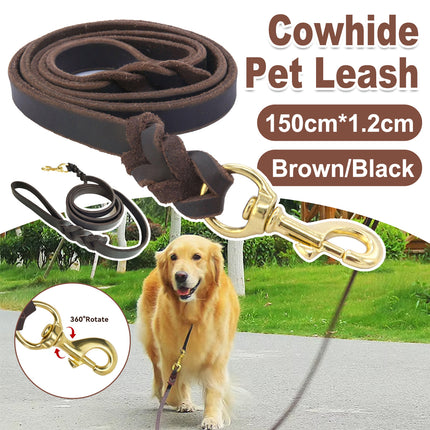 Dog Leash Cowhide Lead Heavy Duty Leather M Size Brown For Walking Training