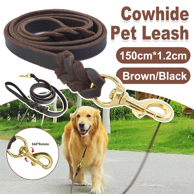 Dog Leash Cowhide Lead Heavy Duty Leather M Size Brown For Walking Training