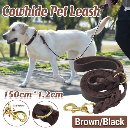 Dog Leash Cowhide Lead Heavy Duty Leather M Size Brown For Walking Training