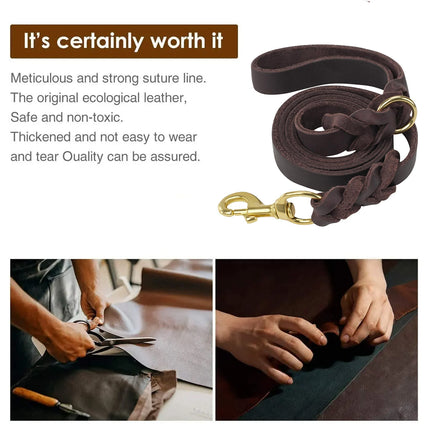 Dog Leash Cowhide Lead Heavy Duty Leather M Size Brown For Walking Training