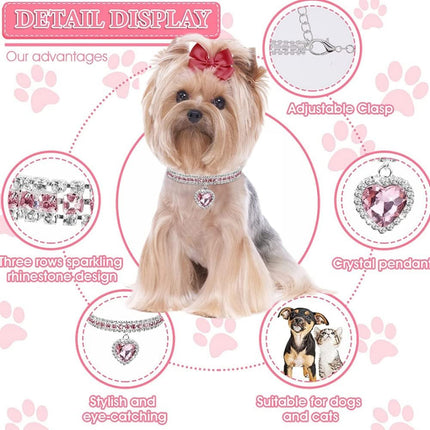 Pet Rhinestone Collar 4PCS Heart Pendant Cat Dog Adjustable 16.5-26cm