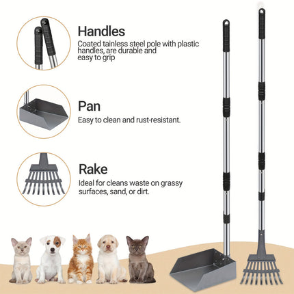 Pet Waste Removal Tool Set Stainless Steel Scooper Rake Shovel Dustpan Outdoors