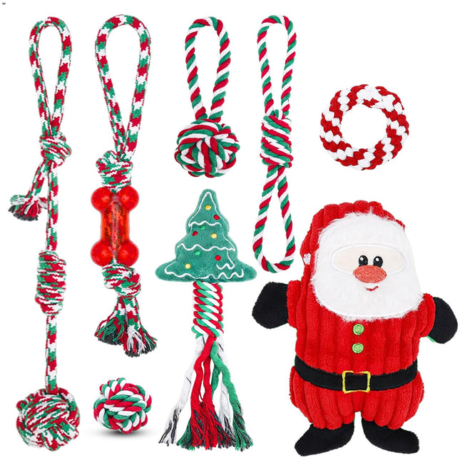 8PCS Christmas Pet Cotton Rope Toy Set Dog Bite Resistant Teeth Grinding Toys
