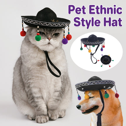 Ethnic Style Pet Hat for Cat or Dog With Fur Ball For Outdoor Party Costume