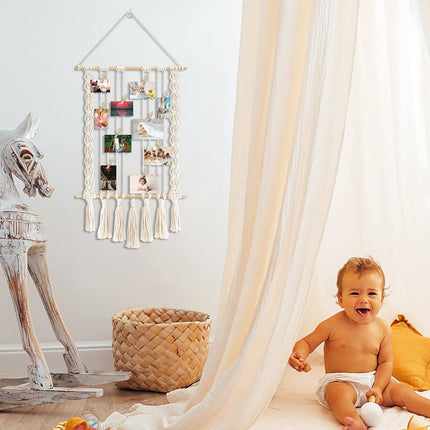 Hanging Photo Display with 30 Wood Clips Macrame Cotton Rope Wall Hanging Picture
