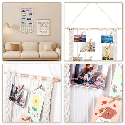 Hanging Photo Display with 30 Wood Clips Macrame Cotton Rope Wall Hanging Picture