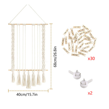 Hanging Photo Display with 30 Wood Clips Macrame Cotton Rope Wall Hanging Picture