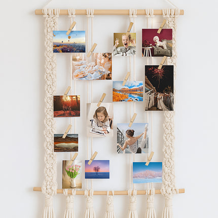 Hanging Photo Display with 30 Wood Clips Macrame Cotton Rope Wall Hanging Picture