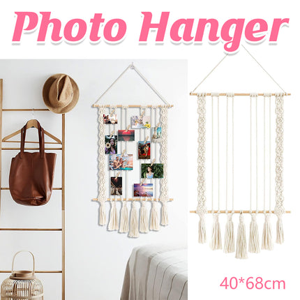 Hanging Photo Display with 30 Wood Clips Macrame Cotton Rope Wall Hanging Picture