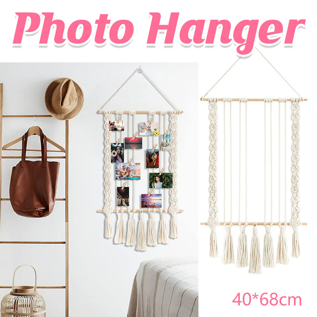 Hanging Photo Display with 30 Wood Clips Macrame Cotton Rope Wall Hanging Picture