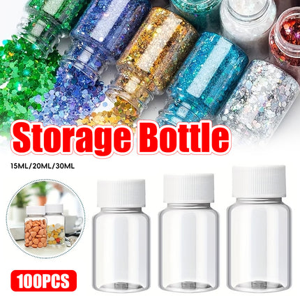100 Pcs Clear Plastic Bottle with Lid 15 20 30ml for Pills Powder Craft Beads