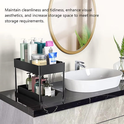 2 Tier Under Sink Organiser Pull Out Rack Hook Cup 39.5x21.5x35.5cm